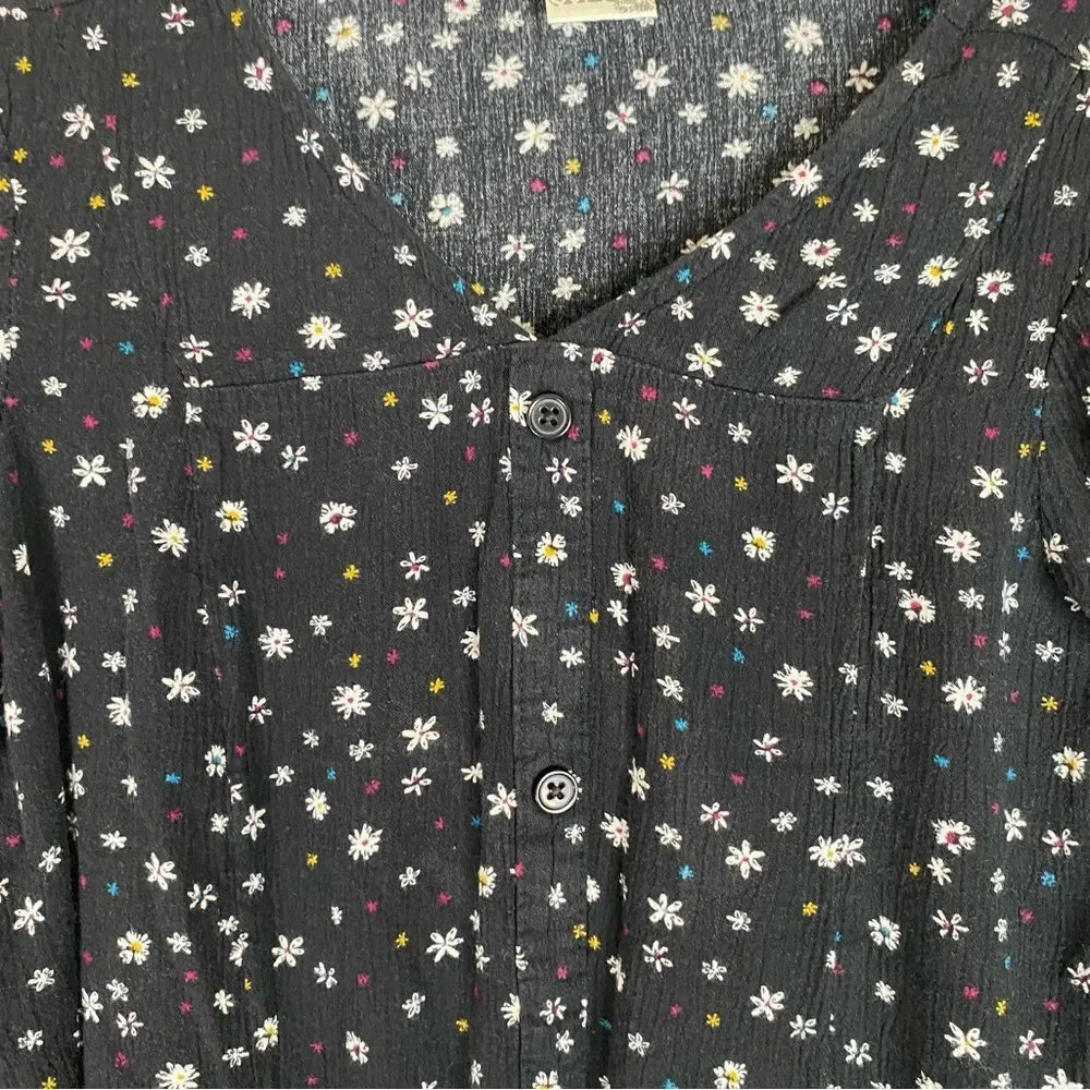 Mudd Top Girls Black Multi Color Button Down Tie Waist Floral Flare Sleeves 10